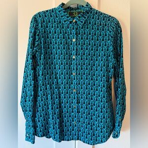 C Wonder 100% Silk Button Down Blouse Small – Blue & Black Print